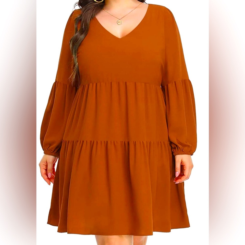 NO BRAND SHOWN size Large, burnt orange, V-neck, tiered layered flowy dress.